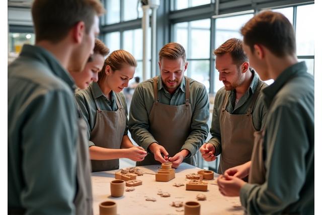 Team von Lehmkraft Manufaktur zeigt Lehmproben in der Produktion